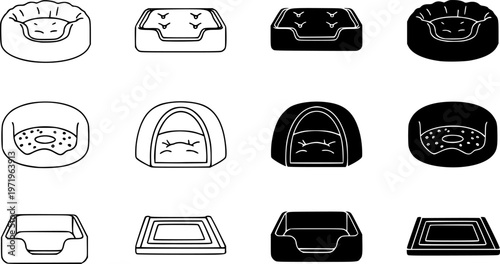 Pet bed icon set, line and black glyph style
