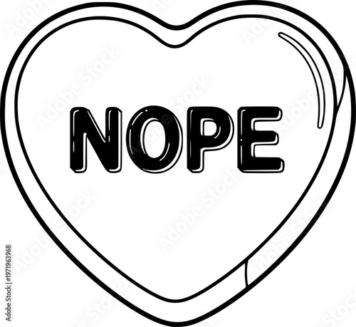 Anti-Valentine conversation heart candy with Nope text vector illustration black and white
