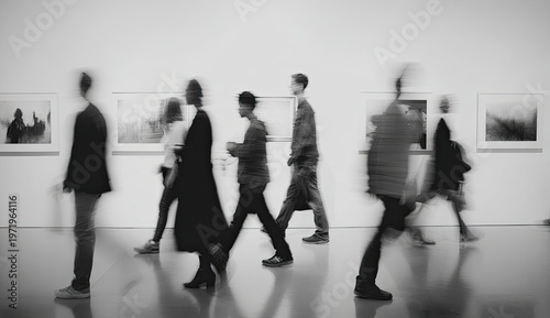 Blurry figures walk past framed artworks in a stark white gallery