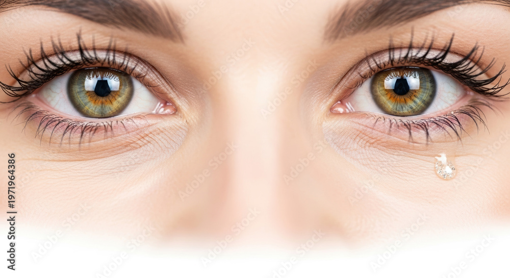 Naklejka premium A close-up of a woman's eyes with a single tear drop on her cheek on transparent background