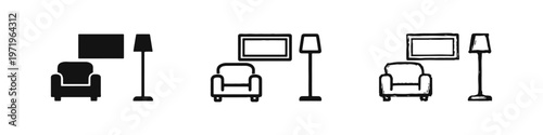 Living Room Furniture and Decor Icons Set - Armchair, Floor Lamp, and Picture Frame