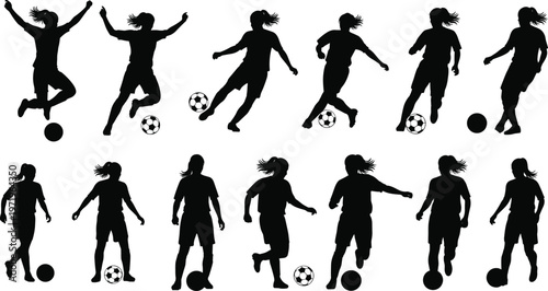 Women soccer players silhouette set, female football athletes playing with ball, sports action icons, girl team competition graphics, isolated on white background, professional illustration.