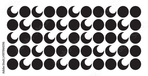 Moon phase pattern. lunar cycle motif in black and white, celestial sky inspired design element.