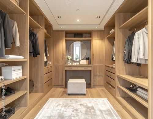Elegant Walk-in Closet with Wooden Shelves and Dressing Table.