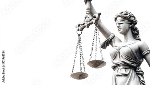 Blindfolded statue of justice holding balanced scales against white background