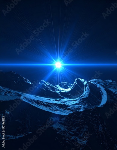 Ethereal Blue Landscape - A Celestial Body Illuminating a Mountainous Terrain.