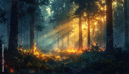 Forest fire burns, sun shines through trees, with smoke and light