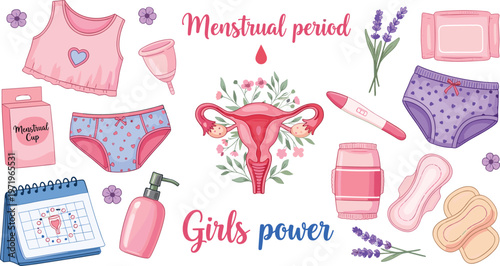 Menstrual Hygiene and Women Health Care Icon Set with Sanitary Pads, Tampon, Calendar, Underwear, and Uterus Illustration for Awareness Designs