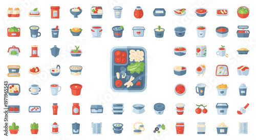 Healthy Meal Prep Containers Assortment, Lunch Box Icons, Food Packaging Collection