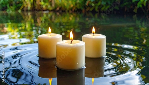 Three lit candles float in serene water, reflecting the warm glow