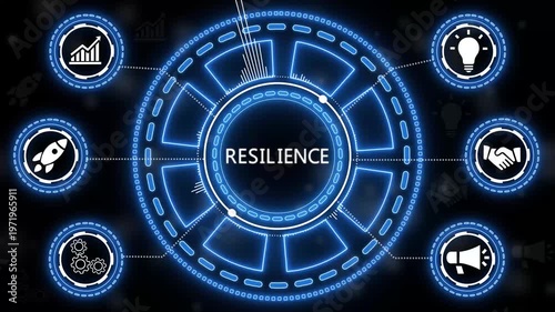 Digital resilience concept displaying growth, innovation, and problem solving on black background.Technology network.4k animation.