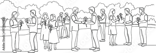 line drawing of people standing in a row