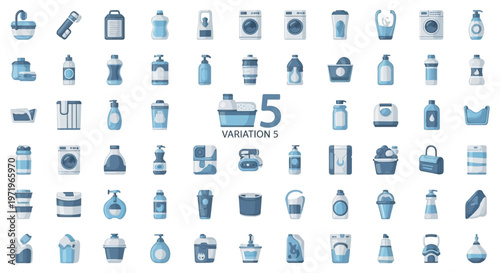 Household Cleaning Supplies Icons Set: Bottles, Containers, Sprays, Buckets, Detergent, Washing Machine