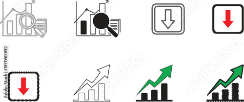 of minimalist business icons featuring growth bar charts with green arrows and downward red arrows for financial analysis and data tracking