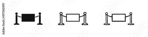 Museum gallery rope barrier stanchion and sign icon set. Exhibition display, flat and hand-drawn styles.