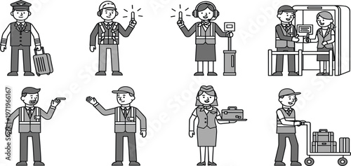 Airport Staff Outline Character Set with Pilot, Ground Crew, Security Check, Flight Attendant and Service Personnel for Aviation, Travel and Transport Design