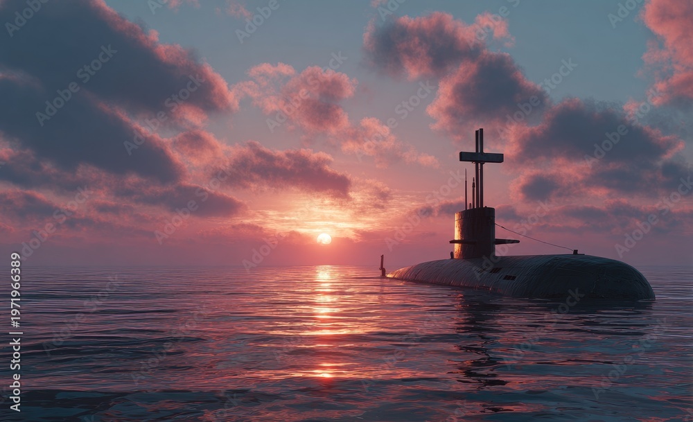 Fototapeta premium Submerged vessel surfaces as sun sets over calm ocean waters with pink clouds