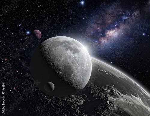 Earth, moon, and other celestial bodies against starry cosmic backdrop