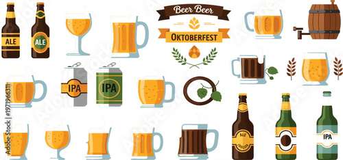 Beer and Oktoberfest Icon Set with Glasses, Bottles, Barrels and Craft Brewery Elements for Festival Design, Beverage Branding and Alcohol Illustration Collection