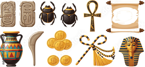 Ancient Egypt Icon Set with Pharaoh Mask, Ankh Symbol, Scarab Beetle, Papyrus Scroll, Coins and Traditional Artifacts for Historical Design and Cultural Illustration