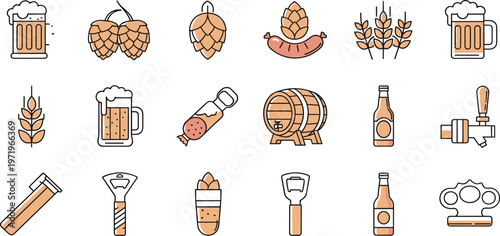 Beer Brewing Icon Set with Hops, Barrels, Bottles, Tap and Wheat Elements for Brewery Design, Craft Beer Branding and Beverage Illustration Graphics