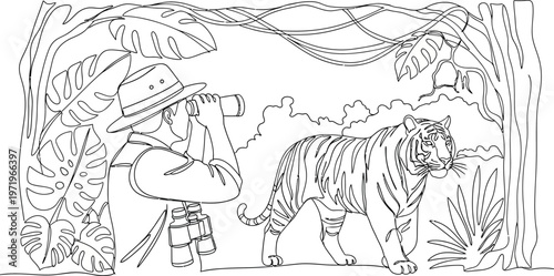tiger and explorer in jungle