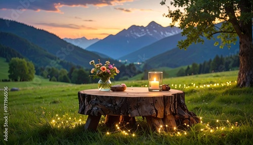 Romantic scene of a candlelit table, flowers, and mountains at dusk