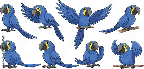 Blue Macaw Parrot Cartoon Character Set with Different Poses, Flying, Sitting, Perching and Waving for Tropical Wildlife Illustration and Mascot Design