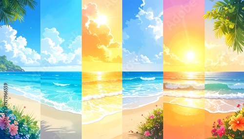 Beach scenes showcase varied times of day with clear skies & water