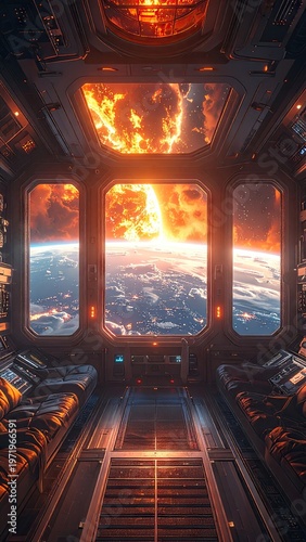 Spaceship interior looking at Earth engulfed in celestial fire