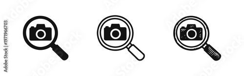 Magnifying glass and camera icon set. Search photography, find digital images, flat and hand-drawn doodle style.