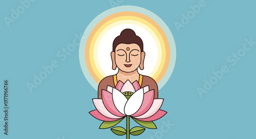Buddha meditates peacefully on a serene lotus flower on a beautiful day