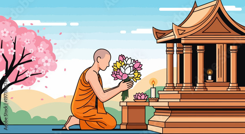 Buddha meditates on a peaceful Day near temple with monk and flowers.