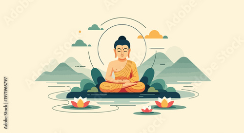 Buddha meditates peacefully on a serene lake during a beautiful Day