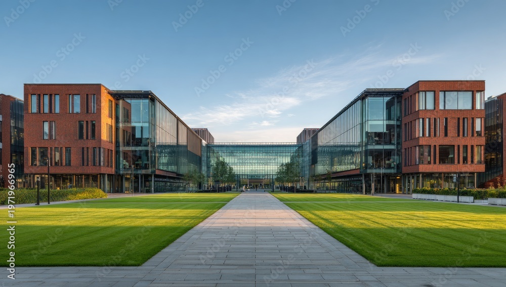 Obraz premium Symmetrical modern brick and glass buildings flank a central walkway with lush green lawns