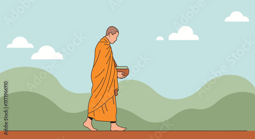 The serene Buddha walks alone on a peaceful Day in nature