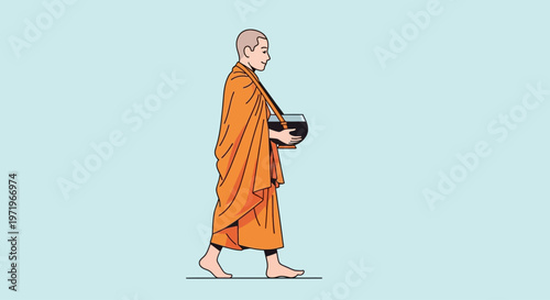 A serene monk walks on a peaceful day near Buddha statue