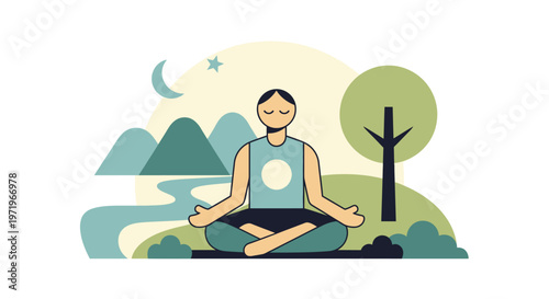 Person meditates like Buddha on a peaceful day by a serene lake