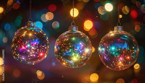 Three clear reflective ornaments hanging, with a bokeh background