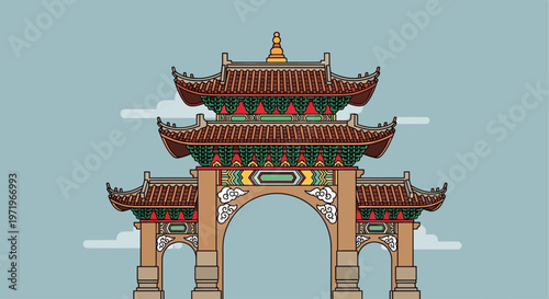 Buddha smiles under Day sunshine at ancient Chinese temple gate