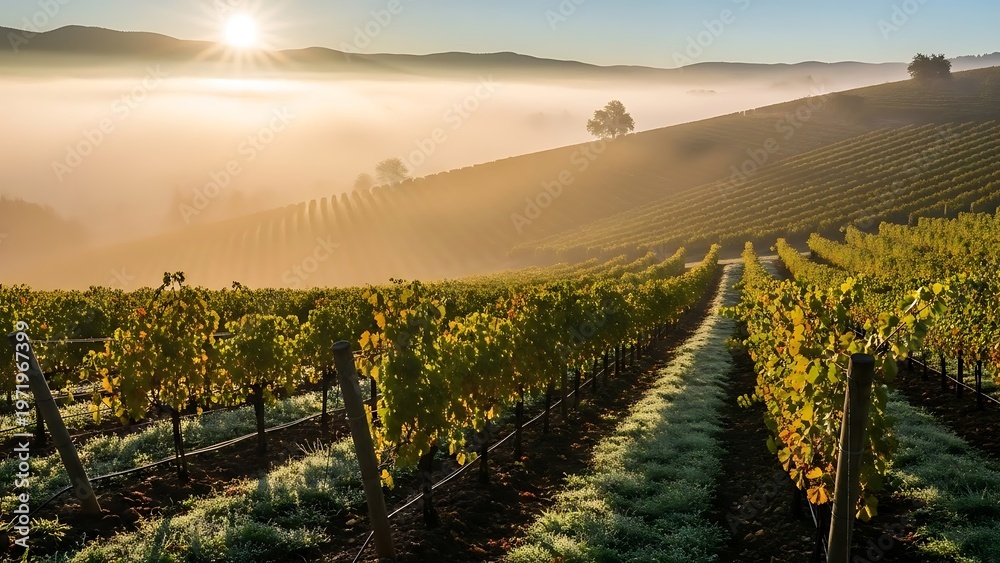 Fototapeta premium sunrise bathes rolling Tuscan hills and vineyard rows in golden light, with mist clinging to the landscape.