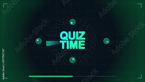 Pixelated text quiz time with glowing effect, surrounded by swirling dots and a ticking clock element, retro gaming style