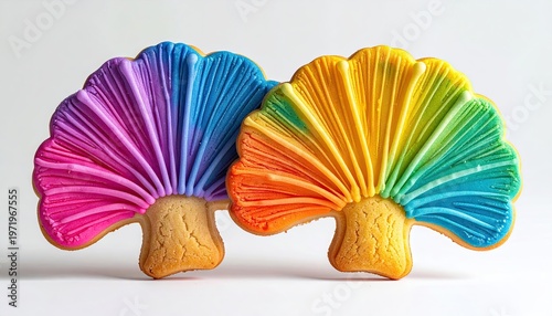 Two cookies shaped as trees, with multi-colored, fan-like frosting