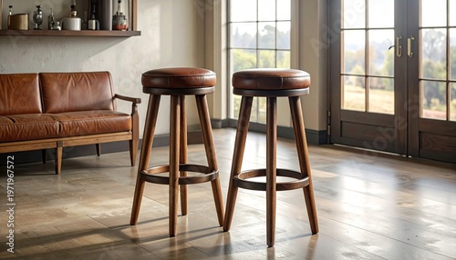 Two wooden stools with leather seats sit in a well-lit living space