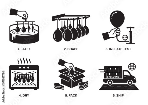 Balloon manufacturing process vector illustration latex shape inflate dry pack.
