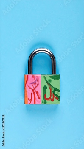 A colorful, artistic padlock set against a solid blue background