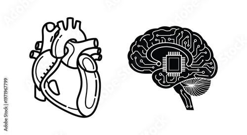 Human heart and brain depicted with integrated circuits a striking silhouette