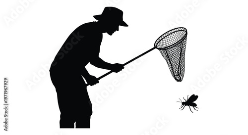 A person with a net attempts to catch a fly black silhouette