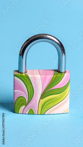 A colorful, patterned padlock with a shiny handle set against blue
