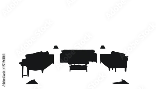 Living room furniture arrangement silhouette showcases sofas, tables, and lamps in a symmetrical layout.